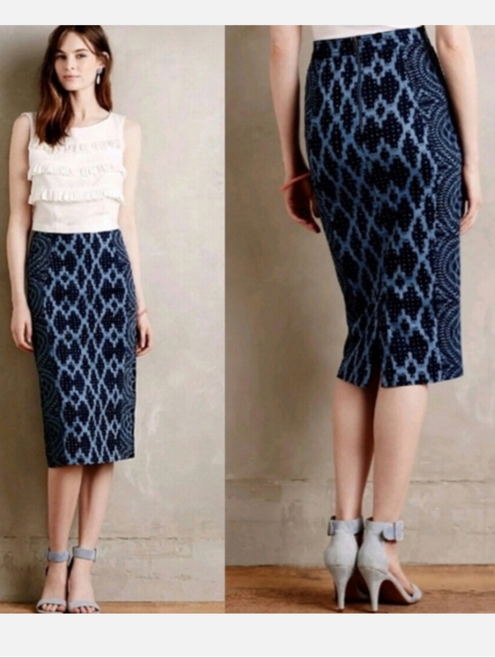 NWOT! Tracy Reese Printed Denim Midi Pencil Skirt w/Ikat Pattern, Size 8